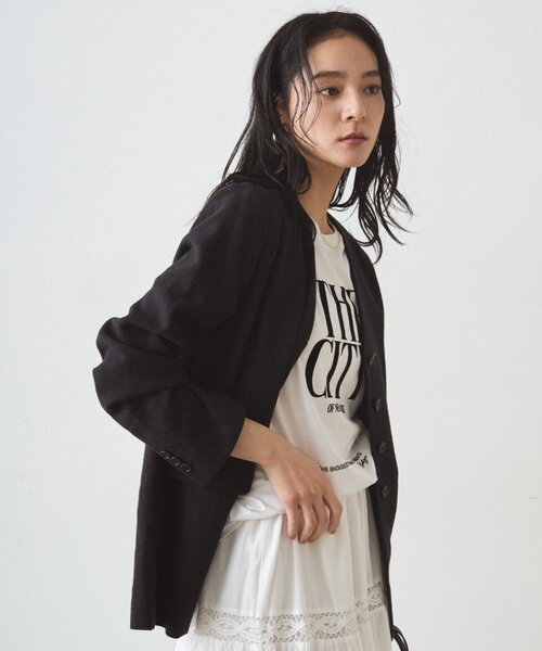 LOUNGEDRESS（ラウンジドレス）の「リネンノーカラージャケット（ノーカラージャケット・レディース・ブラック/ベージュ・FREE）」の9枚目の写真