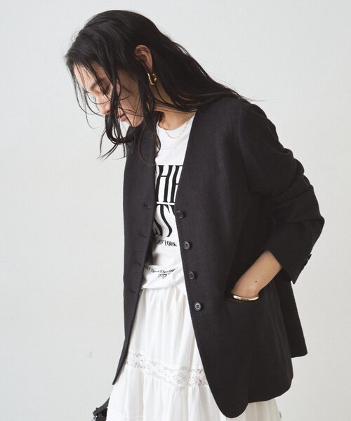 LOUNGEDRESS（ラウンジドレス）の「リネンノーカラージャケット（ノーカラージャケット・レディース・ブラック/ベージュ・FREE）」の10枚目の写真