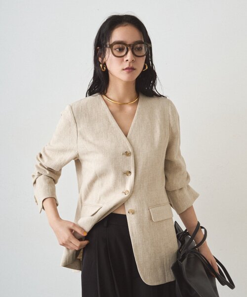 LOUNGEDRESS（ラウンジドレス）の「リネンノーカラージャケット（ノーカラージャケット・レディース・ブラック/ベージュ・FREE）」の16枚目の写真