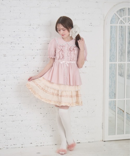 Lolime by mellfy memory(ロリミー バイ メルフィーメモリー)の「ribbon puff sleeve ruffle blouse(シャツ/ブラウス・レディース・ピンク/ホワイト・LL/M)」の3枚目の写真