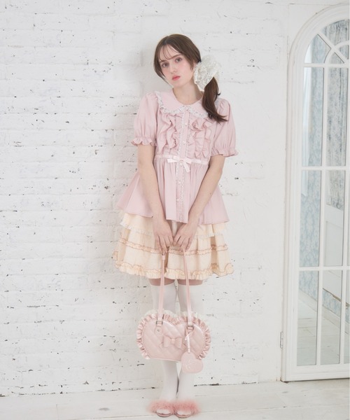 Lolime by mellfy memory(ロリミー バイ メルフィーメモリー)の「ribbon puff sleeve ruffle blouse(シャツ/ブラウス・レディース・ピンク/ホワイト・LL/M)」の4枚目の写真