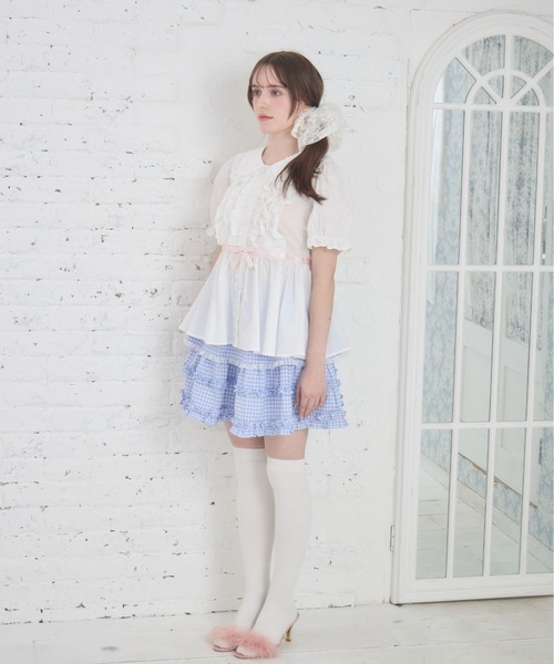Lolime by mellfy memory(ロリミー バイ メルフィーメモリー)の「ribbon puff sleeve ruffle blouse(シャツ/ブラウス・レディース・ピンク/ホワイト・LL/M)」の6枚目の写真