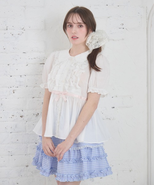 Lolime by mellfy memory(ロリミー バイ メルフィーメモリー)の「ribbon puff sleeve ruffle blouse(シャツ/ブラウス・レディース・ピンク/ホワイト・LL/M)」の21枚目の写真
