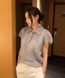 【WEB限定】半袖ポロニットトップス［骨格ウェーブ／フェミニン／大人かわいい／カジュアル／韓国ファッション］