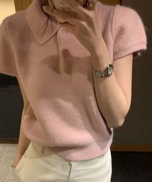 【WEB限定】半袖ポロニットトップス［骨格ウェーブ／フェミニン／大人かわいい／カジュアル／韓国ファッション］