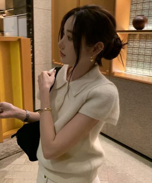 STAY MOTION（ステイモーション）の「【WEB限定】半袖ポロニットトップス［骨格ウェーブ／フェミニン／大人かわいい／カジュアル／韓国ファッション］（ニット/セーター・レディース・ピンク/グレー/アイボリー・F）」の10枚目の写真