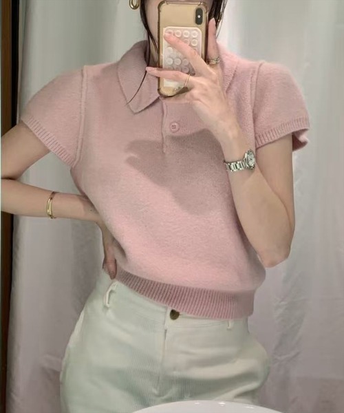 STAY MOTION（ステイモーション）の「【WEB限定】半袖ポロニットトップス［骨格ウェーブ／フェミニン／大人かわいい／カジュアル／韓国ファッション］（ニット/セーター・レディース・ピンク/グレー/アイボリー・F）」の4枚目の写真