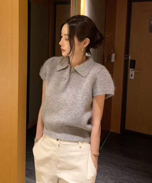 STAY MOTION（ステイモーション）の「【WEB限定】半袖ポロニットトップス［骨格ウェーブ／フェミニン／大人かわいい／カジュアル／韓国ファッション］（ニット/セーター・レディース・ピンク/グレー/アイボリー・F）」の9枚目の写真