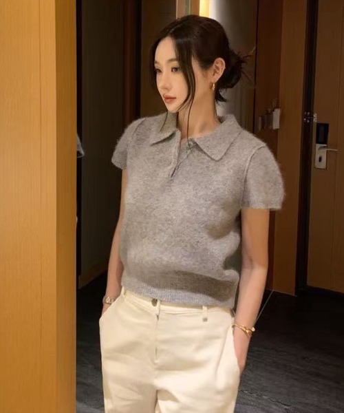 STAY MOTION（ステイモーション）の「【WEB限定】半袖ポロニットトップス［骨格ウェーブ／フェミニン／大人かわいい／カジュアル／韓国ファッション］（ニット/セーター・レディース・ピンク/グレー/アイボリー・F）」の8枚目の写真