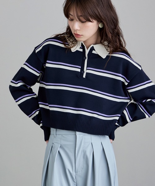 etoll.(エトル)の「マルチボーダーショートポロニット(ニット/セーター・レディース・ネイビー/アイボリー/グレー・FREE)」の1枚目の写真