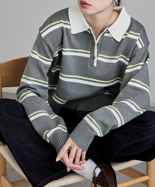 etoll.(エトル)の「マルチボーダーショートポロニット(ニット/セーター・レディース・ネイビー/アイボリー/グレー・FREE)」の2枚目の写真