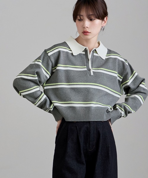 etoll.(エトル)の「マルチボーダーショートポロニット(ニット/セーター・レディース・ネイビー/アイボリー/グレー・FREE)」の19枚目の写真