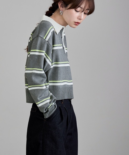 etoll.(エトル)の「マルチボーダーショートポロニット(ニット/セーター・レディース・ネイビー/アイボリー/グレー・FREE)」の20枚目の写真