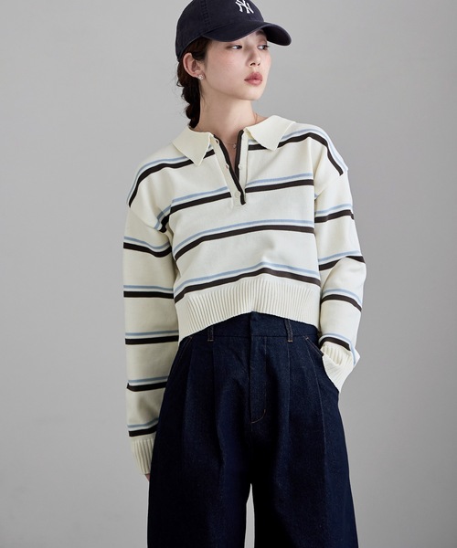 etoll.(エトル)の「マルチボーダーショートポロニット(ニット/セーター・レディース・ネイビー/アイボリー/グレー・FREE)」の12枚目の写真