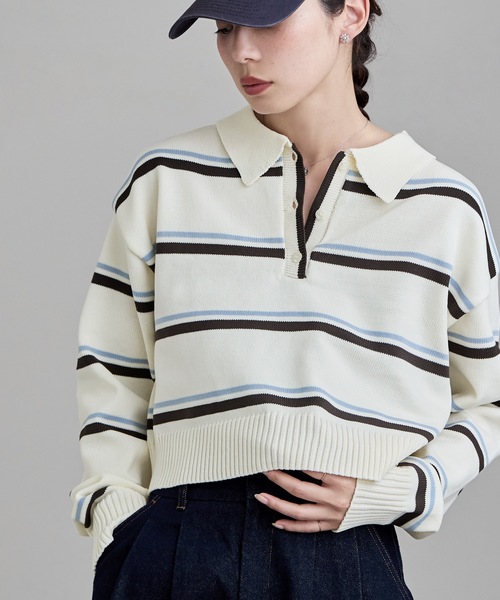 etoll.(エトル)の「マルチボーダーショートポロニット(ニット/セーター・レディース・ネイビー/アイボリー/グレー・FREE)」の18枚目の写真
