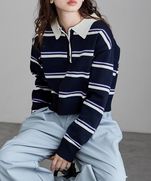 etoll.(エトル)の「マルチボーダーショートポロニット(ニット/セーター・レディース・ネイビー/アイボリー/グレー・FREE)」の4枚目の写真