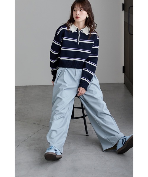 etoll.(エトル)の「マルチボーダーショートポロニット(ニット/セーター・レディース・ネイビー/アイボリー/グレー・FREE)」の5枚目の写真