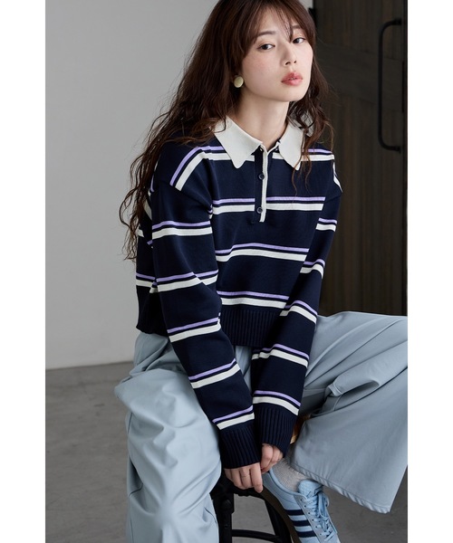 etoll.(エトル)の「マルチボーダーショートポロニット(ニット/セーター・レディース・ネイビー/アイボリー/グレー・FREE)」の6枚目の写真