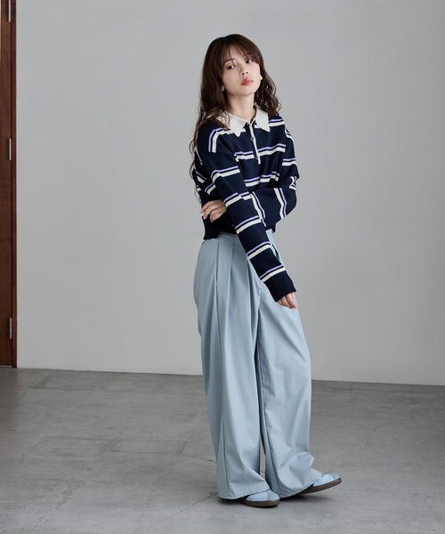 etoll.(エトル)の「マルチボーダーショートポロニット(ニット/セーター・レディース・ネイビー/アイボリー/グレー・FREE)」の8枚目の写真