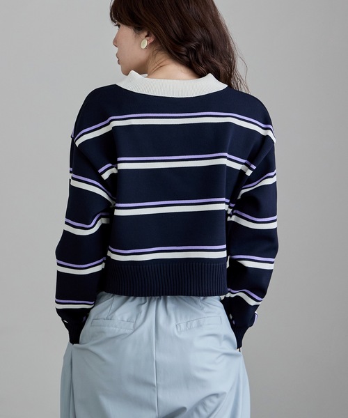 etoll.(エトル)の「マルチボーダーショートポロニット(ニット/セーター・レディース・ネイビー/アイボリー/グレー・FREE)」の9枚目の写真