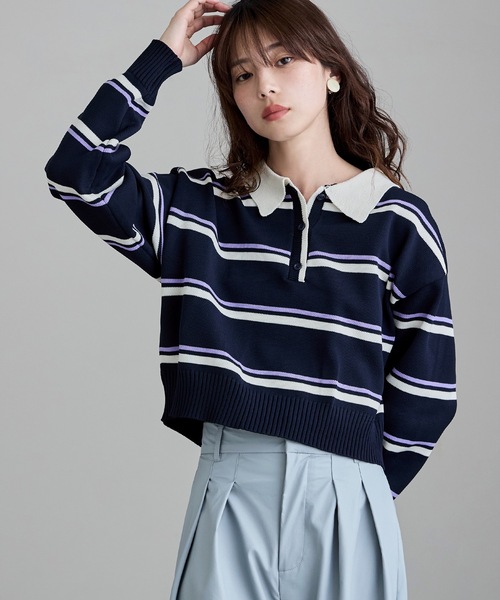 etoll.(エトル)の「マルチボーダーショートポロニット(ニット/セーター・レディース・ネイビー/アイボリー/グレー・FREE)」の10枚目の写真