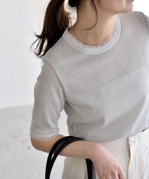 quaranciel(カランシエル)の「quaranciel:〈手洗い可能〉ラメ チュール リブ コンパクト TEE(Tシャツ/カットソー・レディース・ライトグリーン/グレー/ブラック/ホワイト・ONE SIZE)」の7枚目の写真