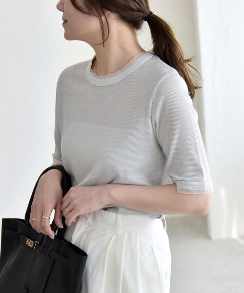 quaranciel(カランシエル)の「quaranciel:〈手洗い可能〉ラメ チュール リブ コンパクト TEE(Tシャツ/カットソー・レディース・ライトグリーン/グレー/ブラック/ホワイト・ONE SIZE)」の8枚目の写真