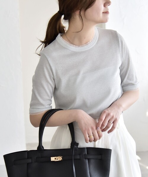 quaranciel(カランシエル)の「quaranciel:〈手洗い可能〉ラメ チュール リブ コンパクト TEE(Tシャツ/カットソー・レディース・ライトグリーン/グレー/ブラック/ホワイト・ONE SIZE)」の16枚目の写真