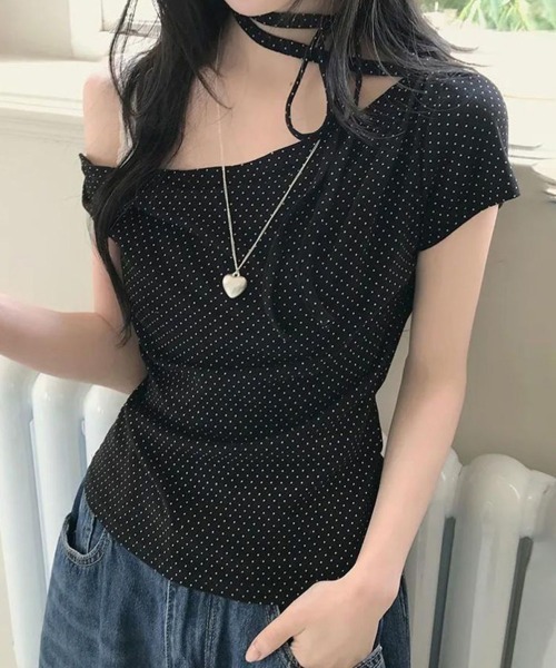 Miniministore(ミニミニストア)の「ドット柄tシャツオフショルダートップス夏(Tシャツ/カットソー・レディース・アイボリー/ピンク/ブラック・FREE)」の1枚目の写真