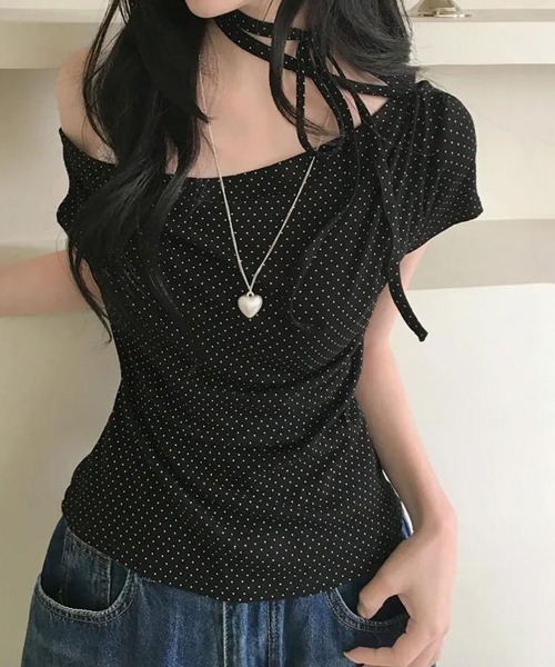 Miniministore(ミニミニストア)の「ドット柄tシャツオフショルダートップス夏(Tシャツ/カットソー・レディース・アイボリー/ピンク/ブラック・FREE)」の4枚目の写真