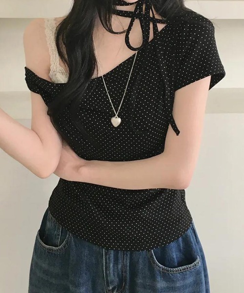 Miniministore(ミニミニストア)の「ドット柄tシャツオフショルダートップス夏(Tシャツ/カットソー・レディース・アイボリー/ピンク/ブラック・FREE)」の5枚目の写真