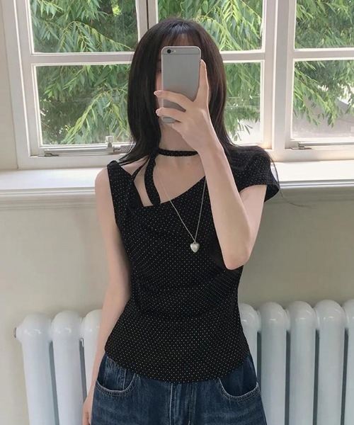 Miniministore(ミニミニストア)の「ドット柄tシャツオフショルダートップス夏(Tシャツ/カットソー・レディース・アイボリー/ピンク/ブラック・FREE)」の6枚目の写真