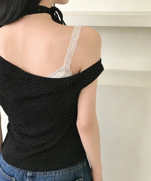 Miniministore(ミニミニストア)の「ドット柄tシャツオフショルダートップス夏(Tシャツ/カットソー・レディース・アイボリー/ピンク/ブラック・FREE)」の7枚目の写真