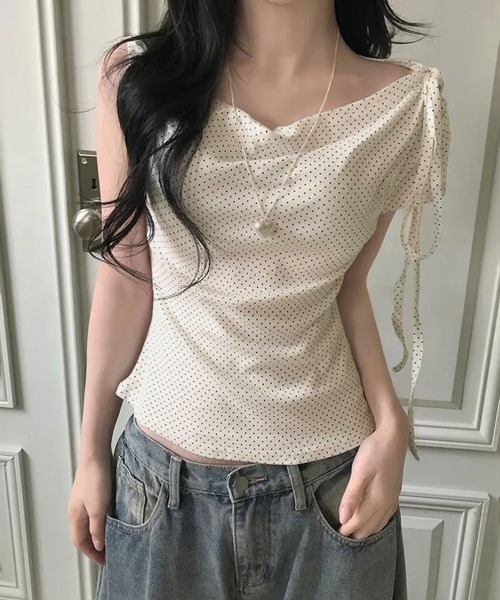 Miniministore(ミニミニストア)の「ドット柄tシャツオフショルダートップス夏(Tシャツ/カットソー・レディース・アイボリー/ピンク/ブラック・FREE)」の9枚目の写真