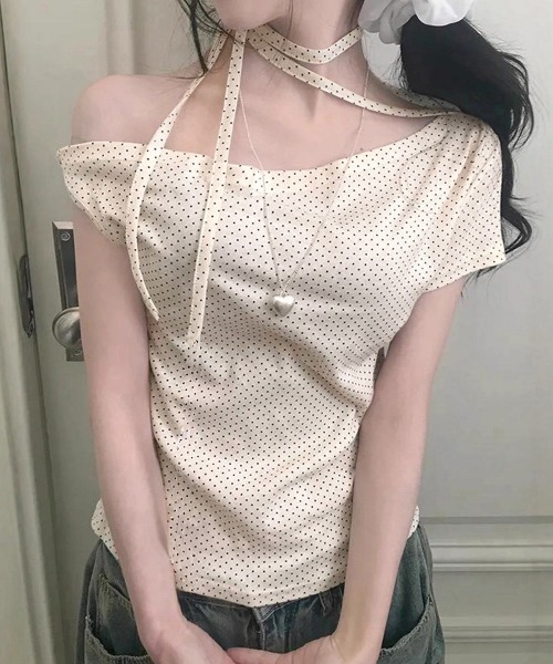 Miniministore(ミニミニストア)の「ドット柄tシャツオフショルダートップス夏(Tシャツ/カットソー・レディース・アイボリー/ピンク/ブラック・FREE)」の10枚目の写真