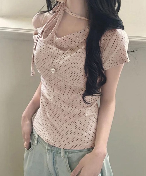 Miniministore(ミニミニストア)の「ドット柄tシャツオフショルダートップス夏(Tシャツ/カットソー・レディース・アイボリー/ピンク/ブラック・FREE)」の15枚目の写真