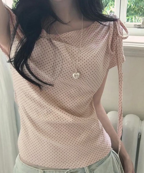 Miniministore(ミニミニストア)の「ドット柄tシャツオフショルダートップス夏(Tシャツ/カットソー・レディース・アイボリー/ピンク/ブラック・FREE)」の16枚目の写真