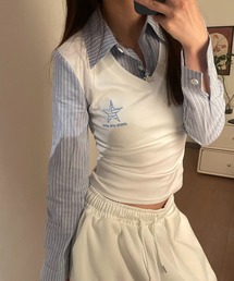 Vネックベストストライプシャツ 長袖トップス