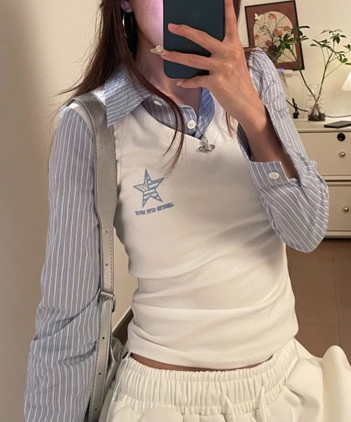 Sibra(シブラ)の「Vネックベストストライプシャツ 長袖トップス(シャツ/ブラウス・レディース・ネイビー/ホワイト・M)」の9枚目の写真