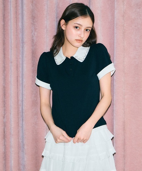 SNIDEL（スナイデル）の「【ZOZOTOWN / USAGI ONLINE限定】レイヤードビジューポロカットソー（ポロシャツ・レディース・ネイビー/ブラック/その他・F）」の4枚目の写真
