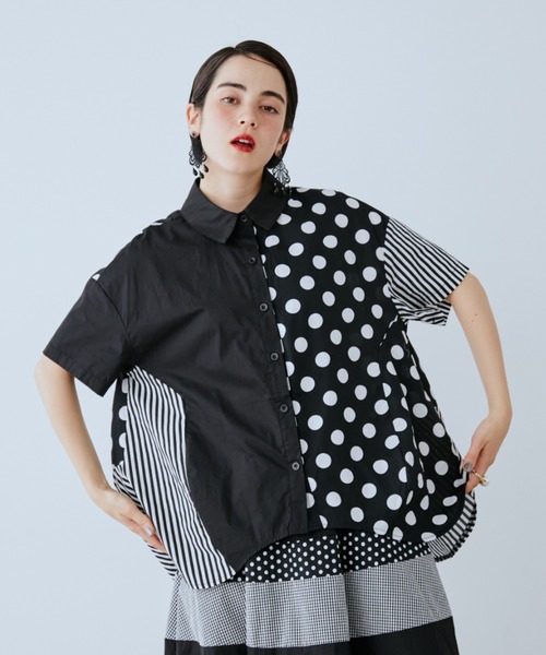 【1度着用のみ美品】 プランテーション ストライプドットリップルシャツ ブラウス ドット×ストライプ切替シャツ（シャツ/ブラウス）｜manana suerte