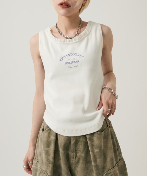 w closet(ダブルクローゼット)の「フリルロゴタンク(Tシャツ/カットソー・レディース・チャコールグレー/アイボリー/オフホワイト・FREE)」の1枚目の写真