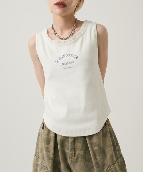 w closet(ダブルクローゼット)の「フリルロゴタンク(Tシャツ/カットソー・レディース・チャコールグレー/アイボリー/オフホワイト・FREE)」の4枚目の写真