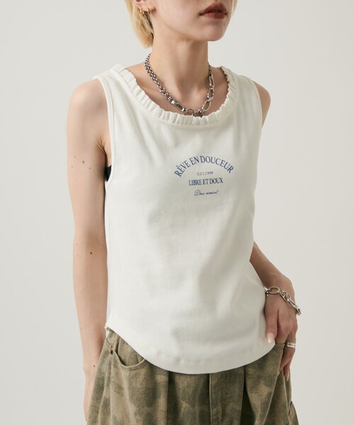 w closet(ダブルクローゼット)の「フリルロゴタンク(Tシャツ/カットソー・レディース・チャコールグレー/アイボリー/オフホワイト・FREE)」の8枚目の写真