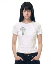 ヴィンテージクロス斜めボタンTシャツ_アイボリー