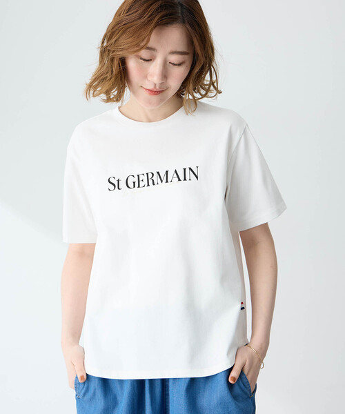 Petit Honfleur(プチオンフルール)の「ロゴプリントTシャツ【接触冷感・UVカット・オーガニックコットンブレンド】(Tシャツ/カットソー・レディース・ネイビー/ホワイト・M/L)」の1枚目の写真