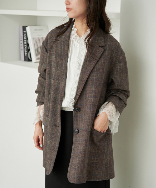 SLOBE IENA（スローブイエナ）の「TR CHECK BIG ジャケット（テーラードジャケット・レディース・ブラウン・FREE）」の7枚目の写真