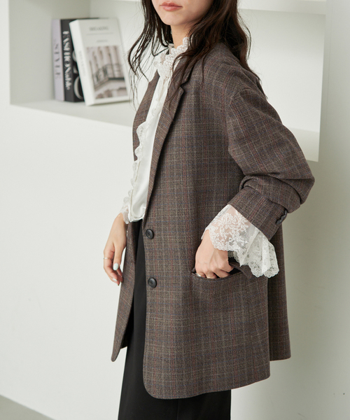 SLOBE IENA（スローブイエナ）の「TR CHECK BIG ジャケット（テーラードジャケット・レディース・ブラウン・FREE）」の9枚目の写真