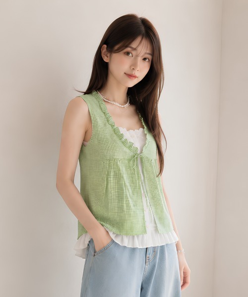 center i(センターアイ)の「ギンガムチェック フリルリボンレイヤードノースリーブトップス(シャツ/ブラウス・レディース・グリーン/ブルー/ブラック/イエロー・FREE)」の14枚目の写真