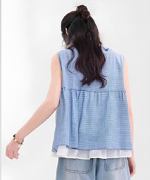 center i(センターアイ)の「ギンガムチェック フリルリボンレイヤードノースリーブトップス(シャツ/ブラウス・レディース・グリーン/ブルー/ブラック/イエロー・FREE)」の6枚目の写真